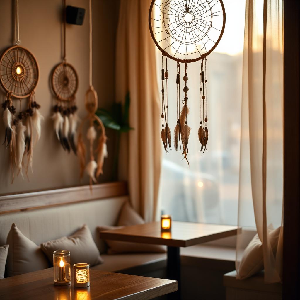 Inside Sesame at golden hour: dreamcatchers on the ceiling, warm table lamps glowing.