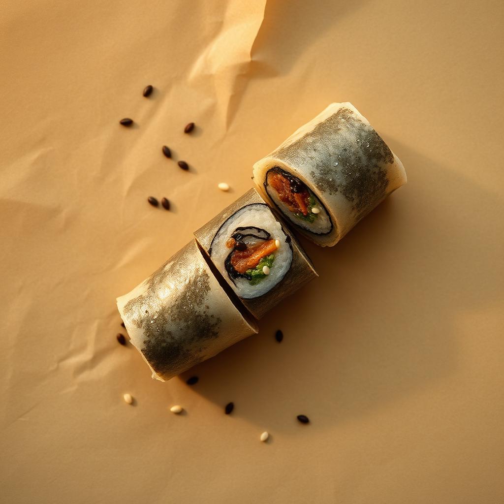 Kimbap rolls cut into pieces.